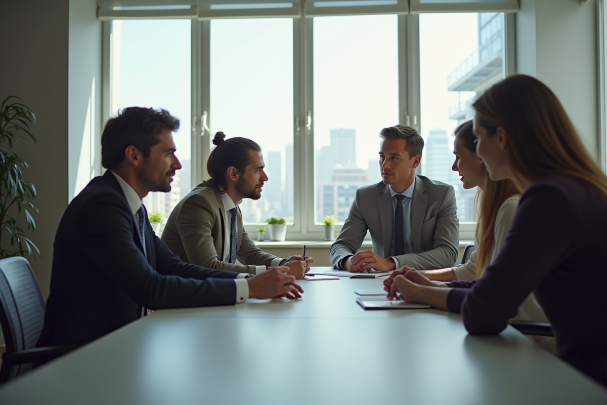 Quatre professionnels en discussion dans un bureau lumineux