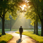 Personne marchant dans un parc urbain au matin avec lumière naturelle