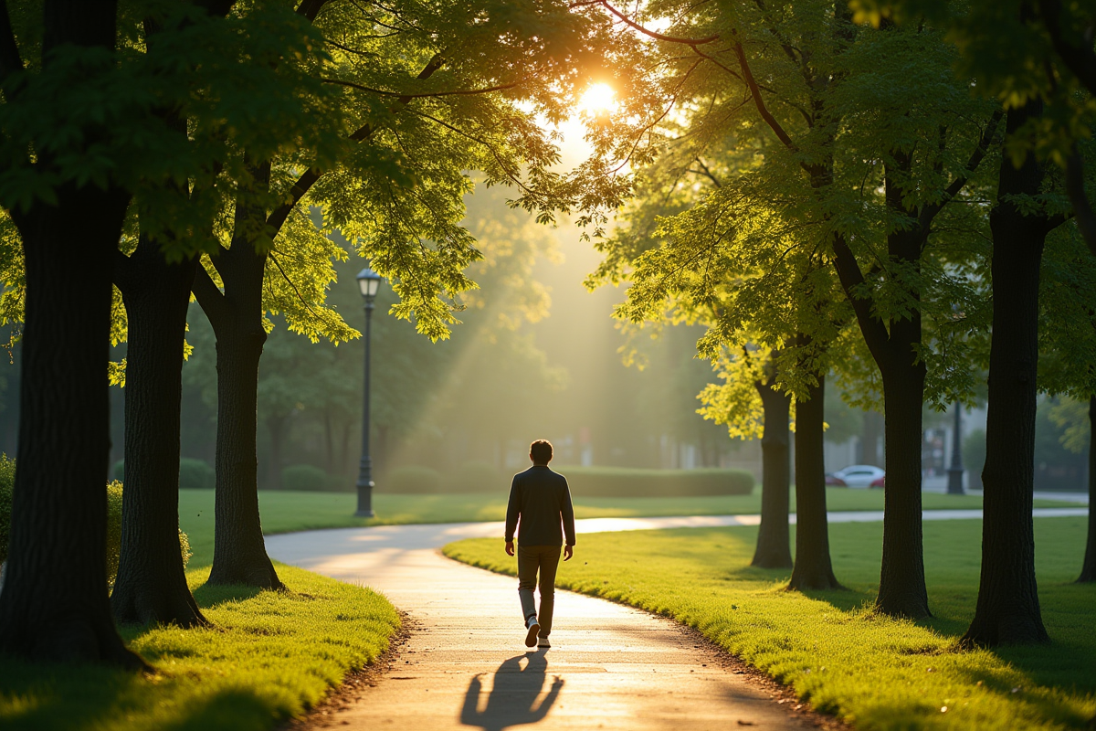 Personne marchant dans un parc urbain au matin avec lumière naturelle