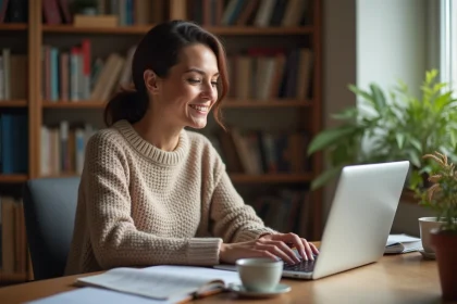 Femme recherchant un ancien ami sur un réseau social depuis son bureau à domicile