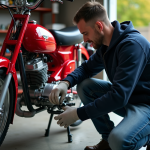 Homme en jeans et gants posant un axe de moto sur une Dax rouge