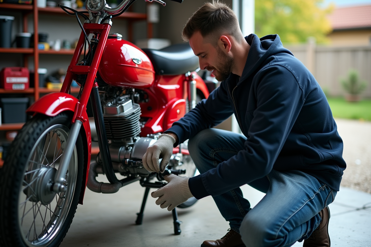 Homme en jeans et gants posant un axe de moto sur une Dax rouge