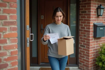 Femme tenant un colis de retour devant sa boîte aux lettres en cas de litige avec le transporteur