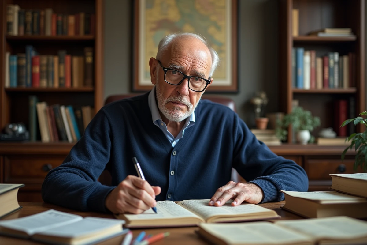Retraité cherchant une ville italienne dans un livre de mots fléchés entouré d'atlas et dictionnaires dans un bureau à domicile