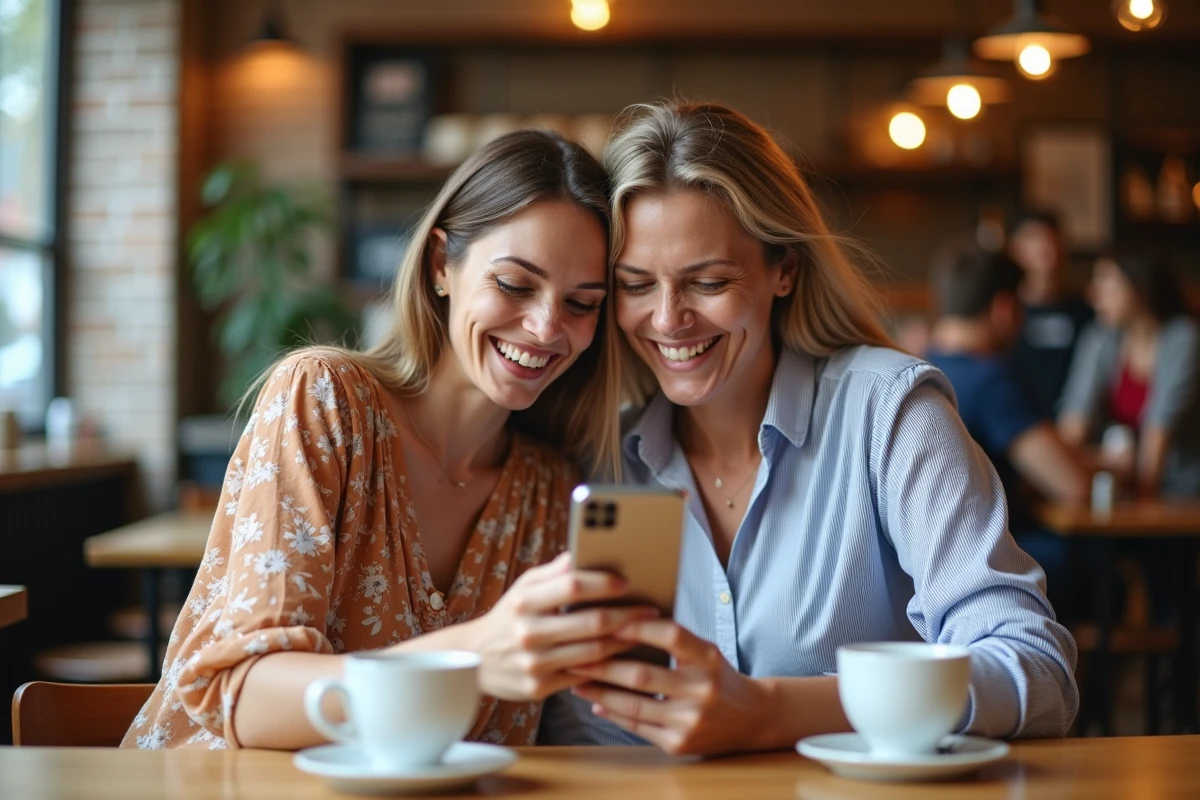 Deux amies se retrouvant dans un café après s'être reconnectées via une recherche par nom sur Copains d'avant