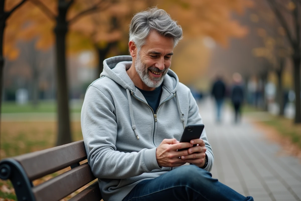 Homme retrouvant un ami perdu de vue grâce à une recherche par nom sur son smartphone dans un parc