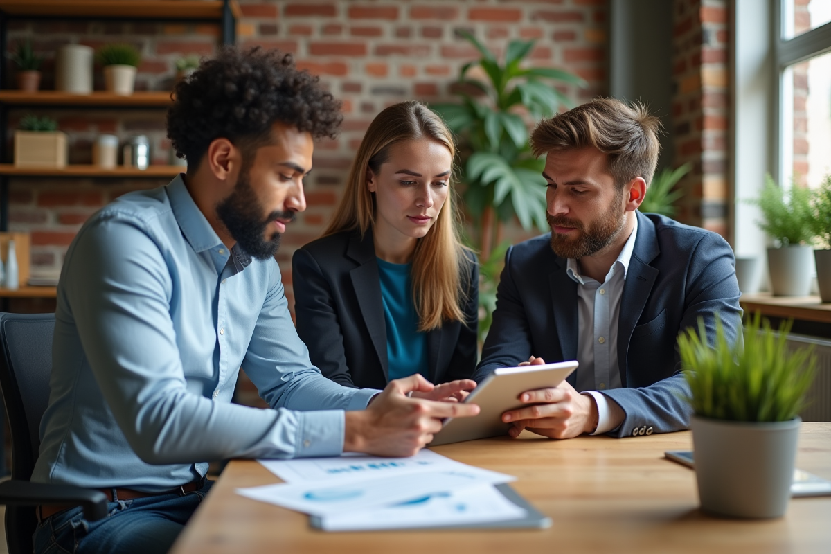 Groupe de jeunes professionnels en discussion dans un espace de travail