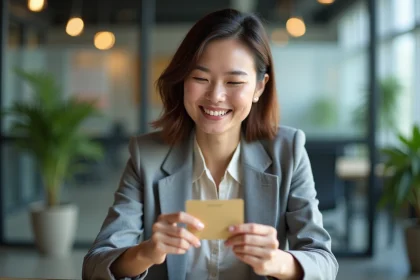 Salariée tenant une carte cadeau Kadéos dans un bureau moderne, illustrant les avantages cadeaux en entreprise