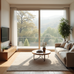 Salon moderne lumineux avec canapé neutre et grandes fenêtres