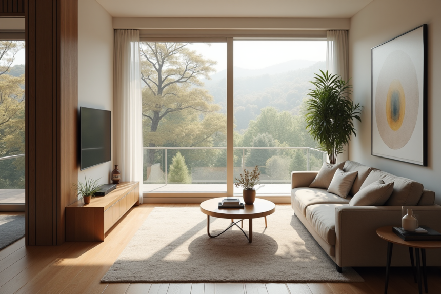 Salon moderne lumineux avec canapé neutre et grandes fenêtres