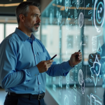 Chercheur en science devant dessins de fusées et systèmes solaires