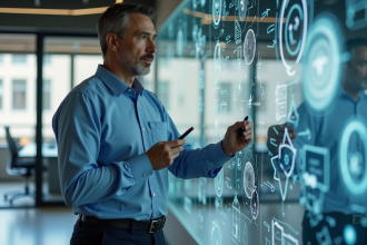 Chercheur en science devant dessins de fusées et systèmes solaires