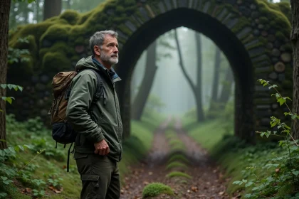 Homme en randonnée devant une arche en pierre dans une forêt