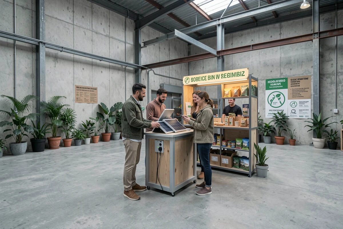 Groupe de festivaliers autour d'une borne de recharge solaire et d'un stand éco-responsable dans un club de techno en entrepôt, soulignant les initiatives durables lors des soirées électroniques