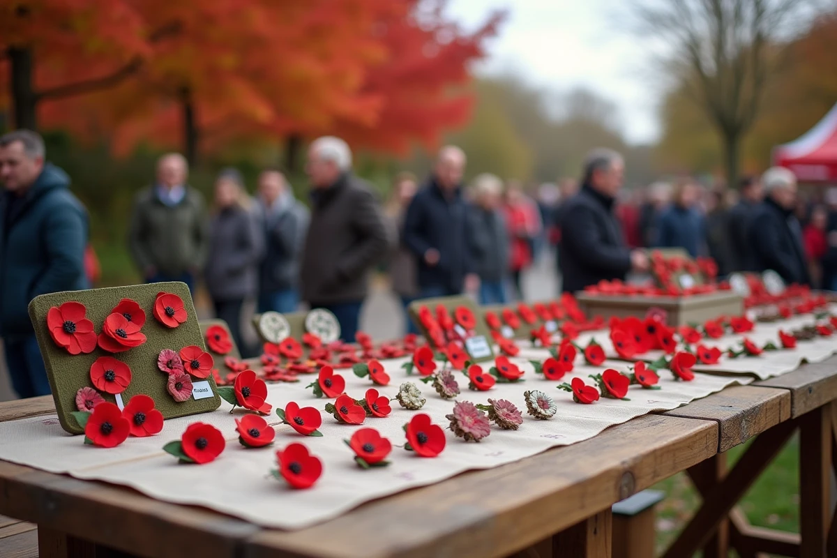 Stand de marché commémoratif présentant une variété d'objets et pins coquelicots sur nappe en lin