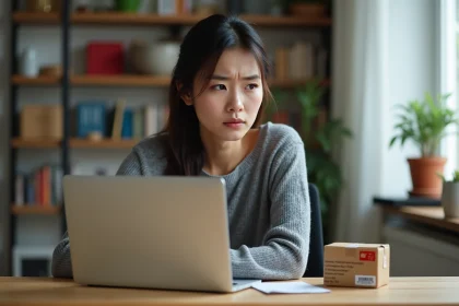 Femme cherchant à suivre un colis China Post introuvable sur un site de tracking, assise devant un ordinateur portable avec un message d'erreur