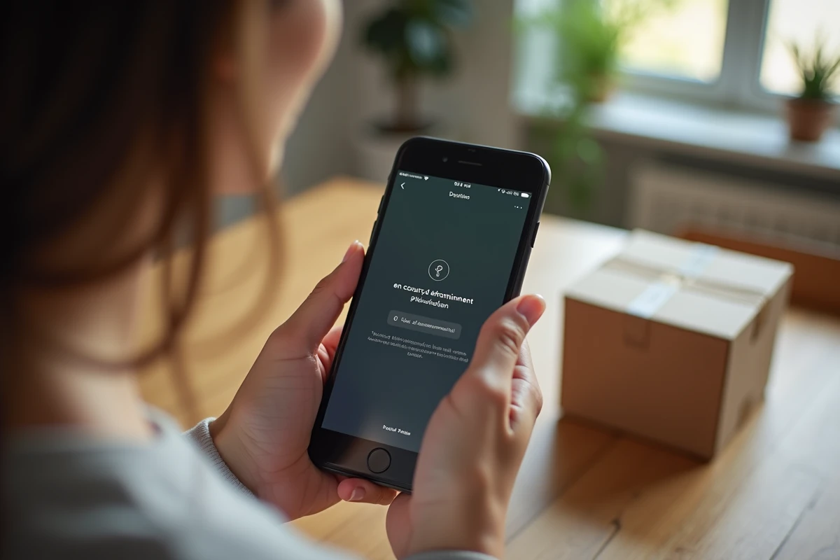 Femme consultant le suivi de colis DPD sur smartphone avec statut en cours d'acheminement