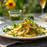 Table d'été avec carpaccio de courgettes jaunes fraîches