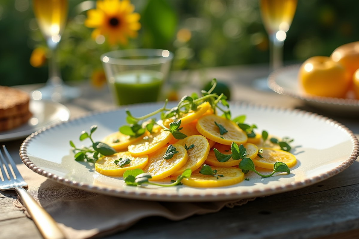 Table d'été avec carpaccio de courgettes jaunes fraîches