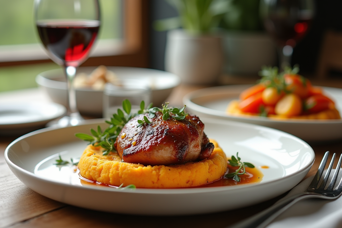 Table moderne avec confit de canard et légumes colorés