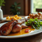 Table rustique avec confit de canard et pommes de terre dorées
