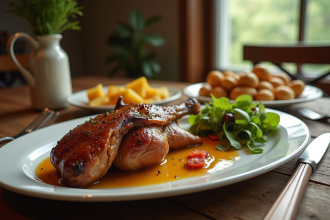 Table rustique avec confit de canard et pommes de terre dorées