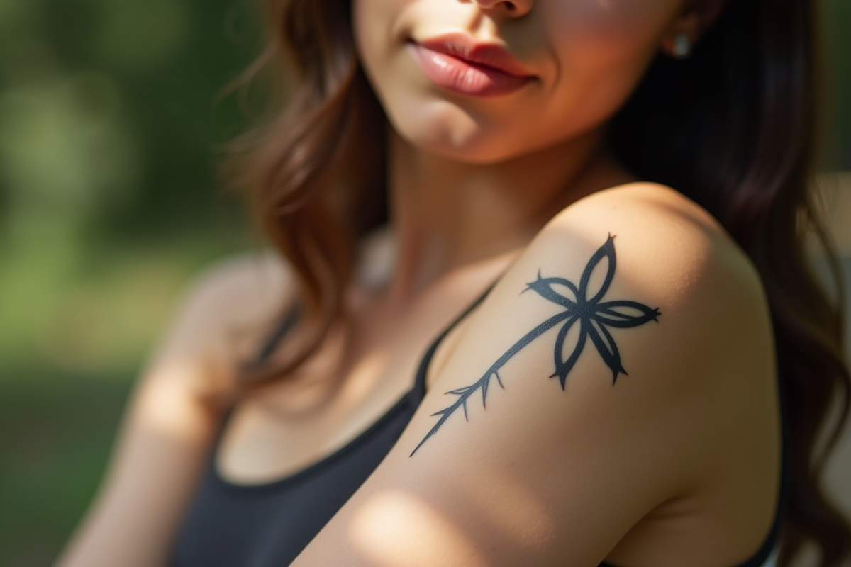Jeune femme avec tatouage noir sur le bras en lumière naturelle