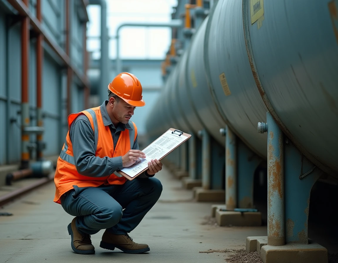Technicien industriel consultant un tableau de conversion litres m3 sur chantier avec citerne