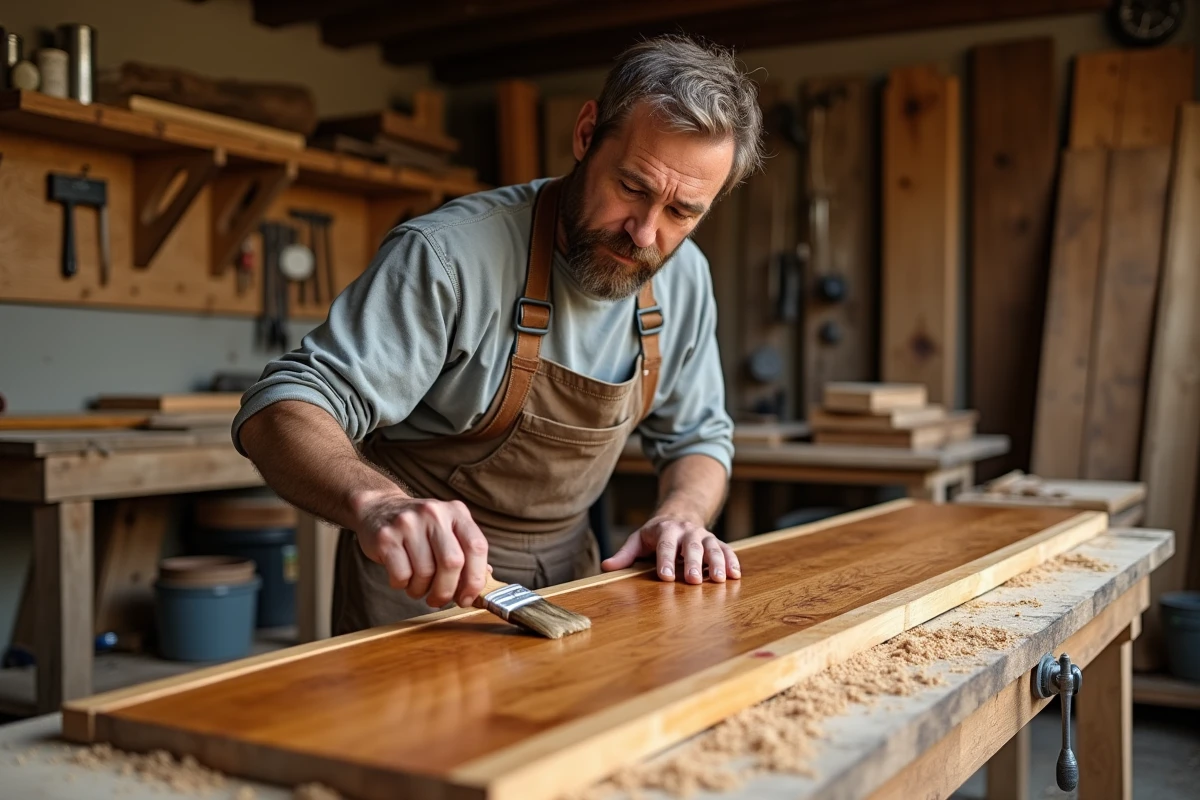Artisan menuisier appliquant des échantillons de teinture bois sur une planche en chêne pour comparer différentes nuances de couleur marron du clair au foncé