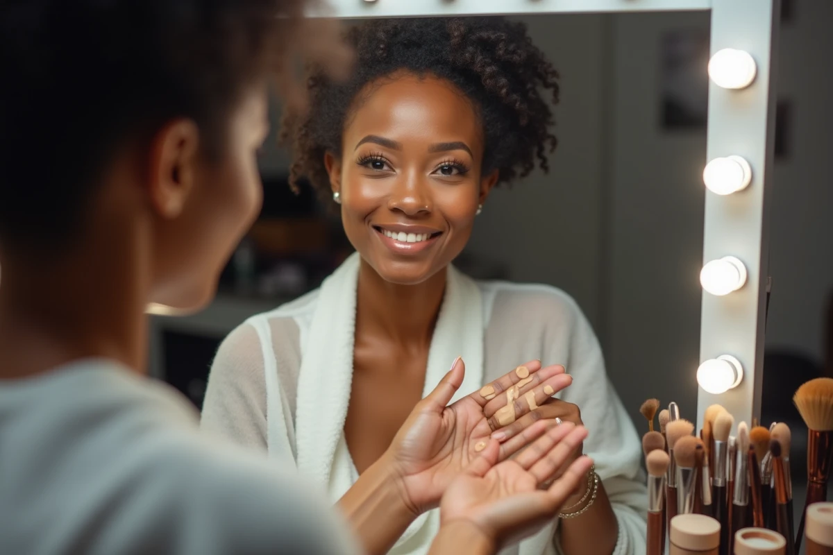 Maquilleuse mélangeant des teintes de fond de teint marron sur la peau d'une femme pour trouver la couleur correspondant exactement au teint naturel