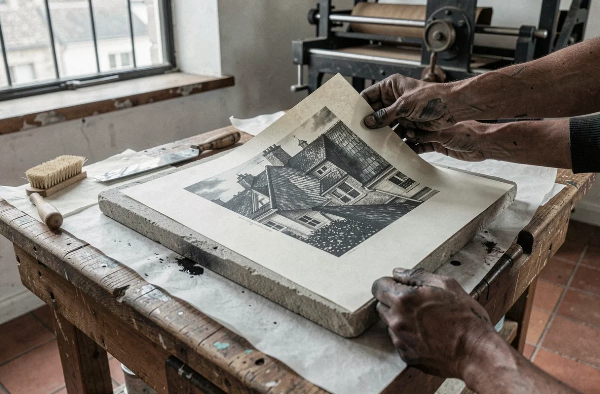 Gros plan d'une estampe lithographique en cours de tirage sur une pierre calcaire dans un atelier d'impression parisien