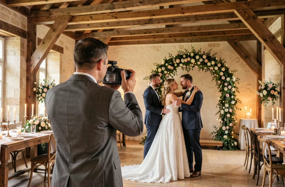 Tony G Normand photographiant la danse des mariés dans une salle de réception en château en Lot-et-Garonne