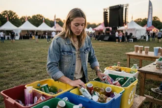 Jeune femme triant des déchets recyclables dans des bacs colorés lors d'un festival de techno en plein air, illustrant l'écologie et la responsabilité environnementale en soirée