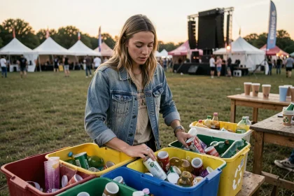 Jeune femme triant des déchets recyclables dans des bacs colorés lors d'un festival de techno en plein air, illustrant l'écologie et la responsabilité environnementale en soirée