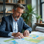 Urbaniste homme étudiant une carte de zonage urbaine