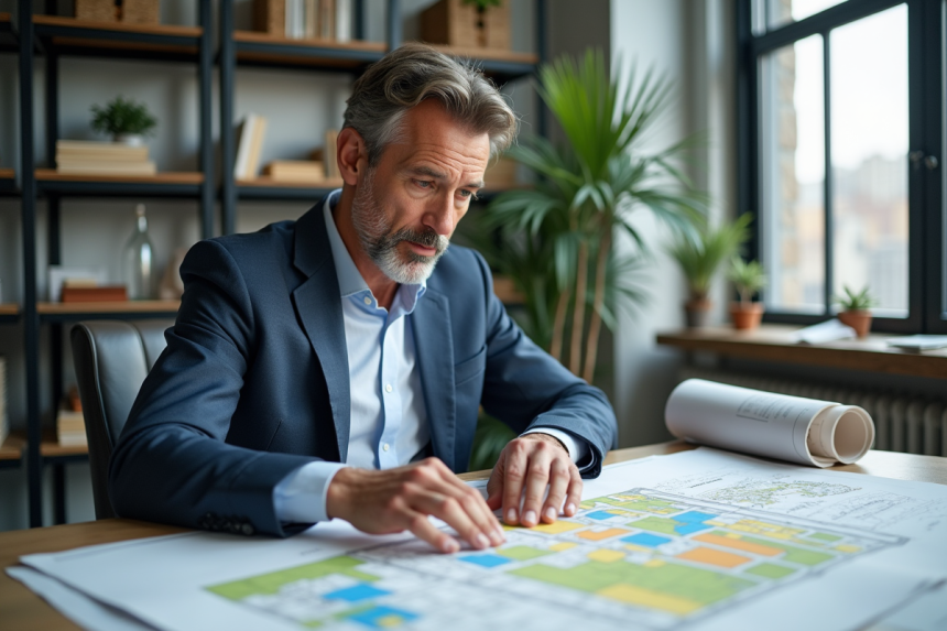 Urbaniste homme étudiant une carte de zonage urbaine