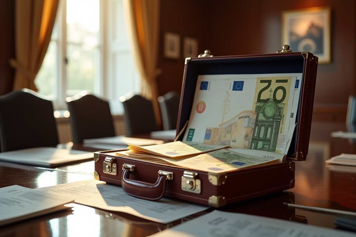 Valise de luxe remplie de billets et graphiques financiers