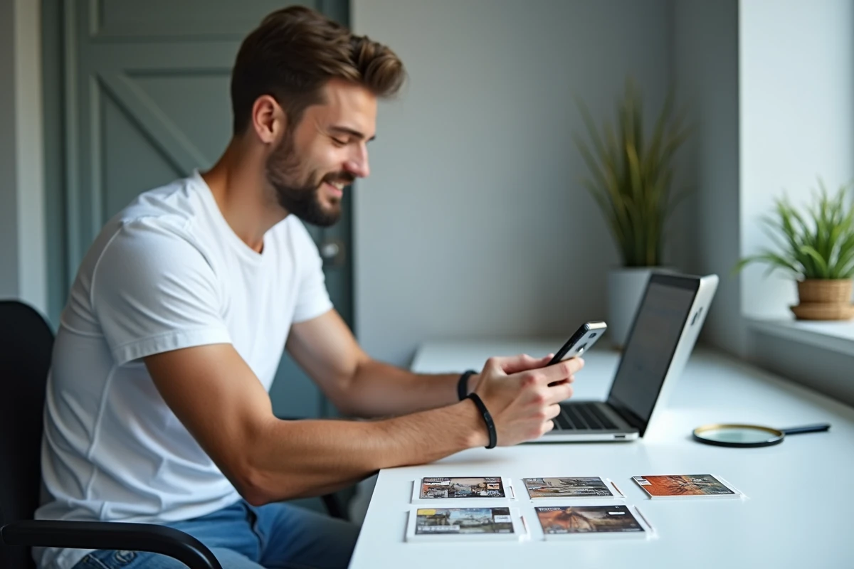 Jeune collectionneur photographiant ses télécartes pour les vendre sur internet depuis son appartement