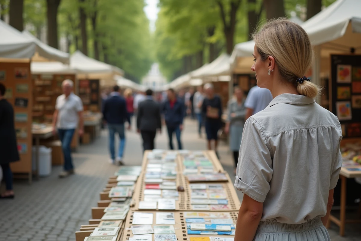 Vendeuse de télécartes de collection sur un stand de marché aux puces en France