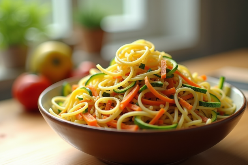 Vermicelles de légumes frais dans un bol sur une table en bois
