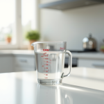 Verre mesureur d'eau sur plan de travail blanc lumineux