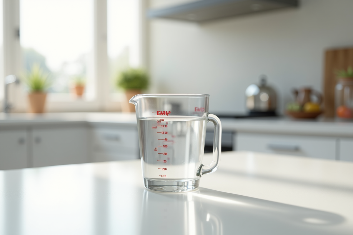 Verre mesureur d'eau sur plan de travail blanc lumineux