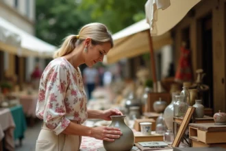 Femme examinant un vase ancien lors d'un vide grenier en Maine-et-Loire