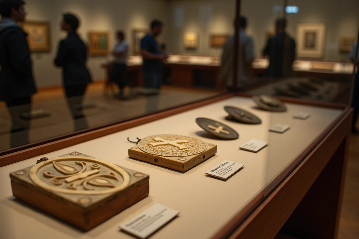 Vitrine muséale exposant des artefacts historiques avec des variantes de la croix à double traverse d'origines byzantines et médiévales