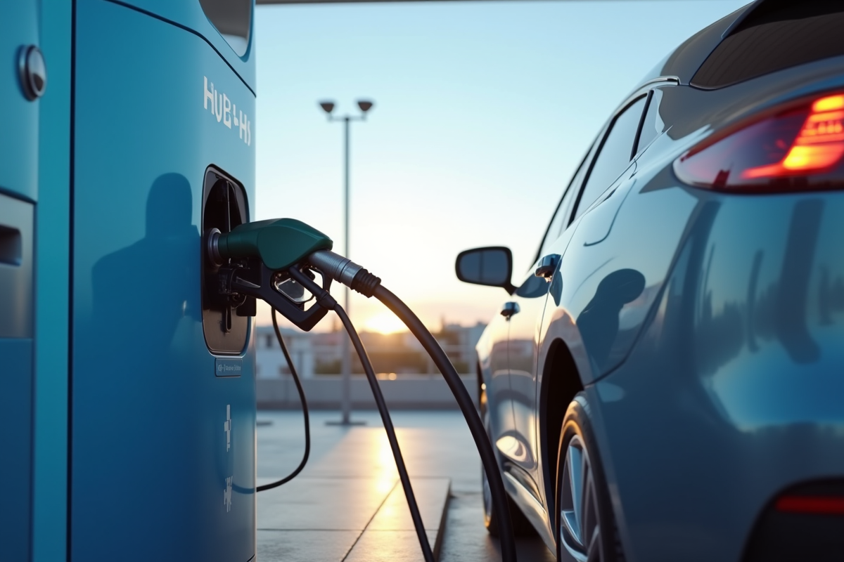 Voiture à hydrogène faisant le plein à une station moderne