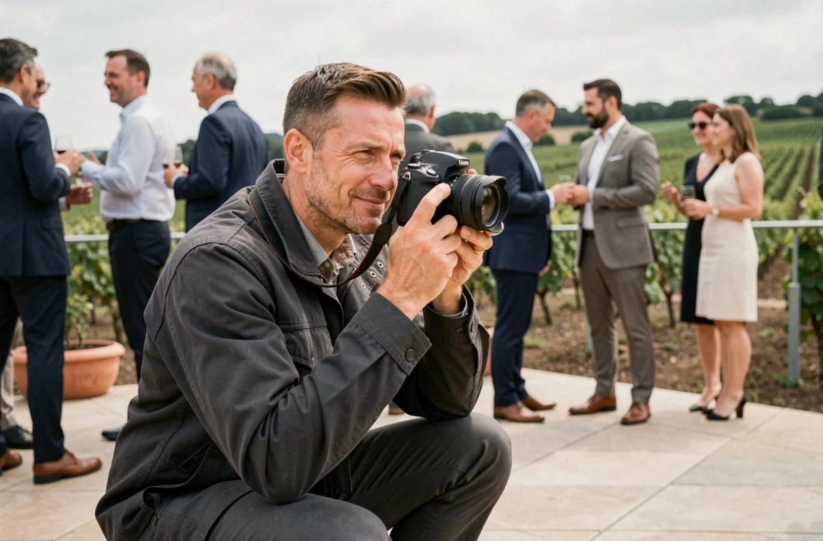 Photographe Yann Texier en action lors d'un reportage événementiel en extérieur en Lot-et-Garonne
